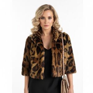 LAUNDRY BY SHELLI SEGAL FAUX FUR BOLERO JACKET ANIMAL PRINT BROWN  COAT ONE SIZE